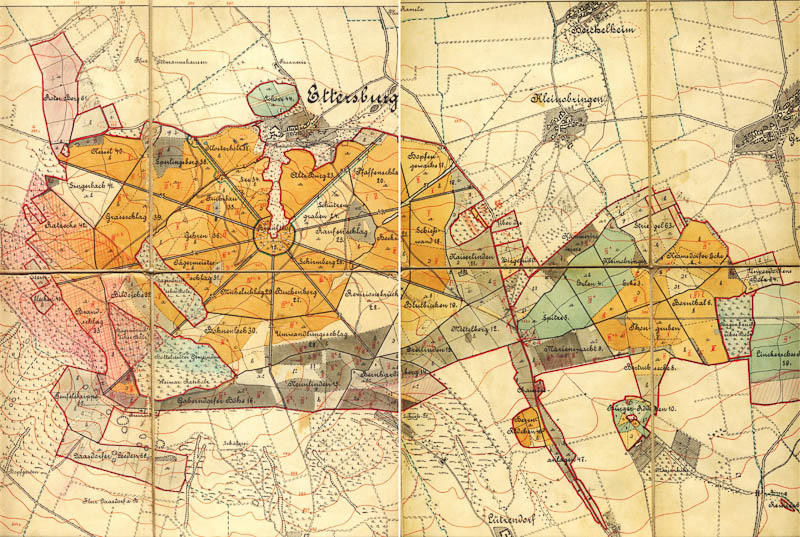 eine Katasterkarte des Ettersberges 1:16 000 von ca. 1900 mit dem Schie?platz von Carl Alexander nordwestlich von L?tzendorf